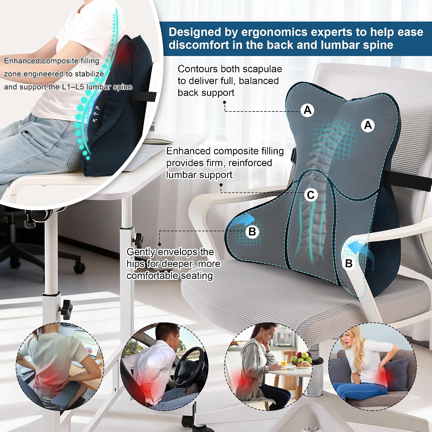 Lumbar Support Pillow(Pat. Pend) – Multi-Functional Ergonomic Back Cushion for Office Chair, Car Seat & Sofa, Reading Pillow with Firm…