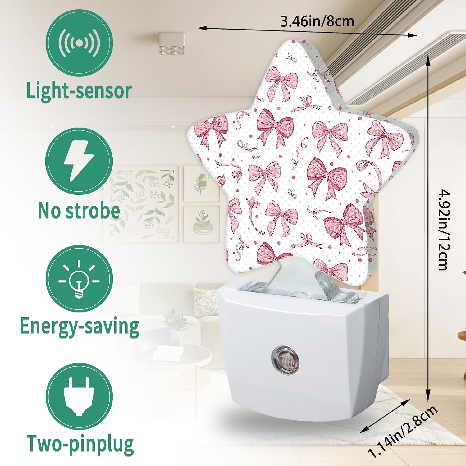 Pink Bow Star Night Light Plug in, Decorative Night Light for Kids Room Nursery Bedroom, Soft Glow Sensor Lamp for Hallway Bathroom…