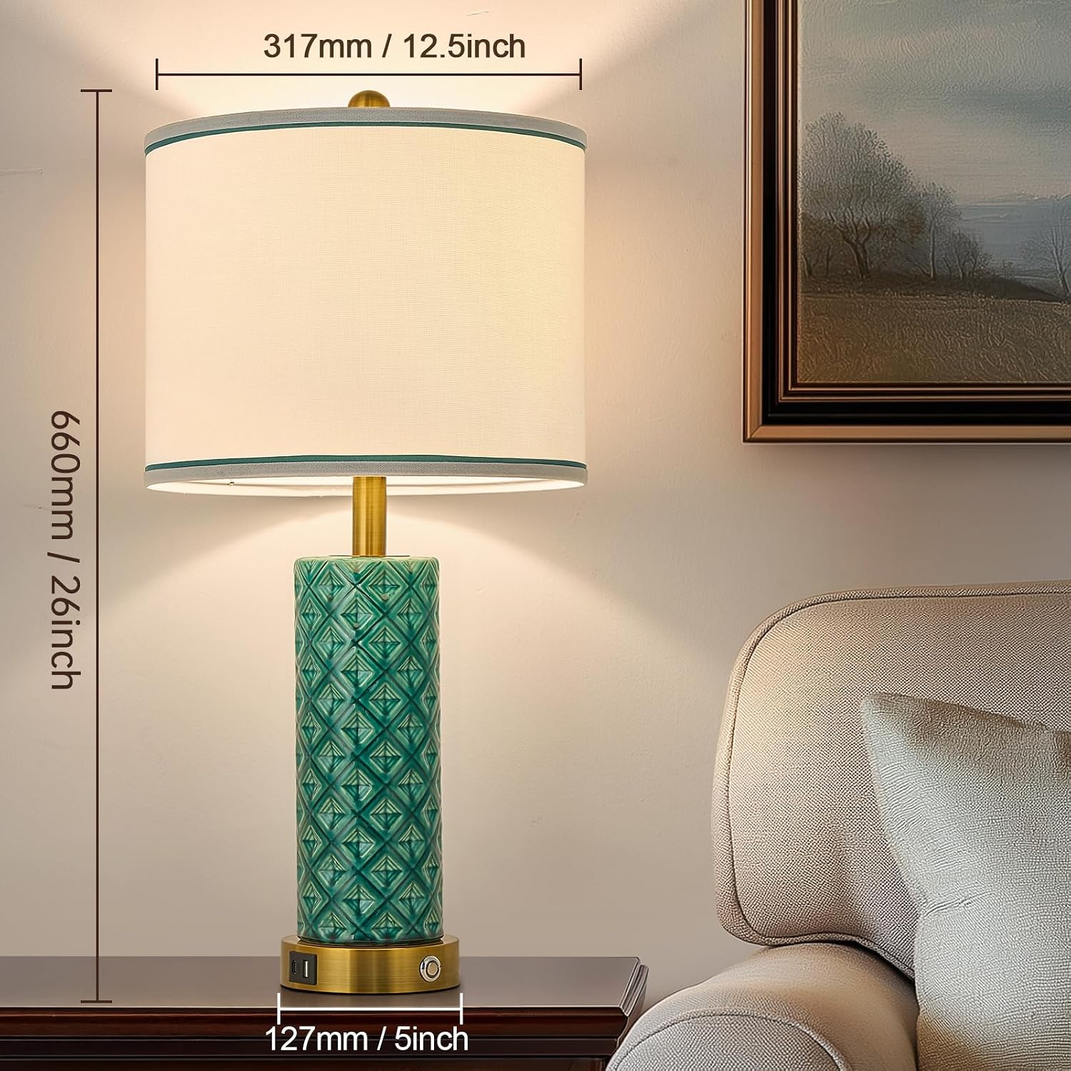 Set of 2 Table Lamp for Living Room Bedroom Farmhouse,26'' Touch Control Bedroom Turquoise Ceramic Lamps 3-Way Dimmable Bedside Lamps…