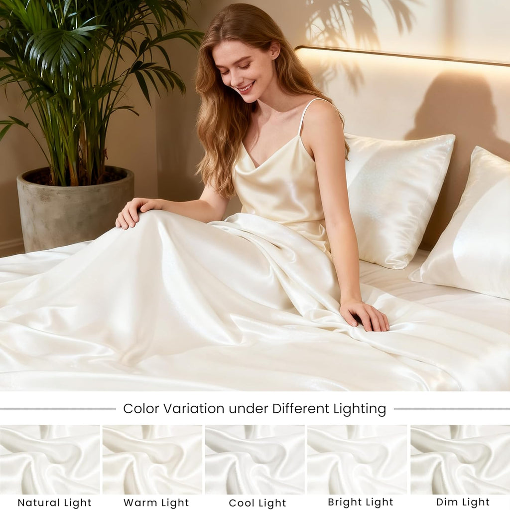Lovescabin Love's cabin California King Satin Sheet Sets - 4 Piece Ivory Silky Sheets Bed Set with Deep Pocket, Luxury Silk Feel Satin Cal…