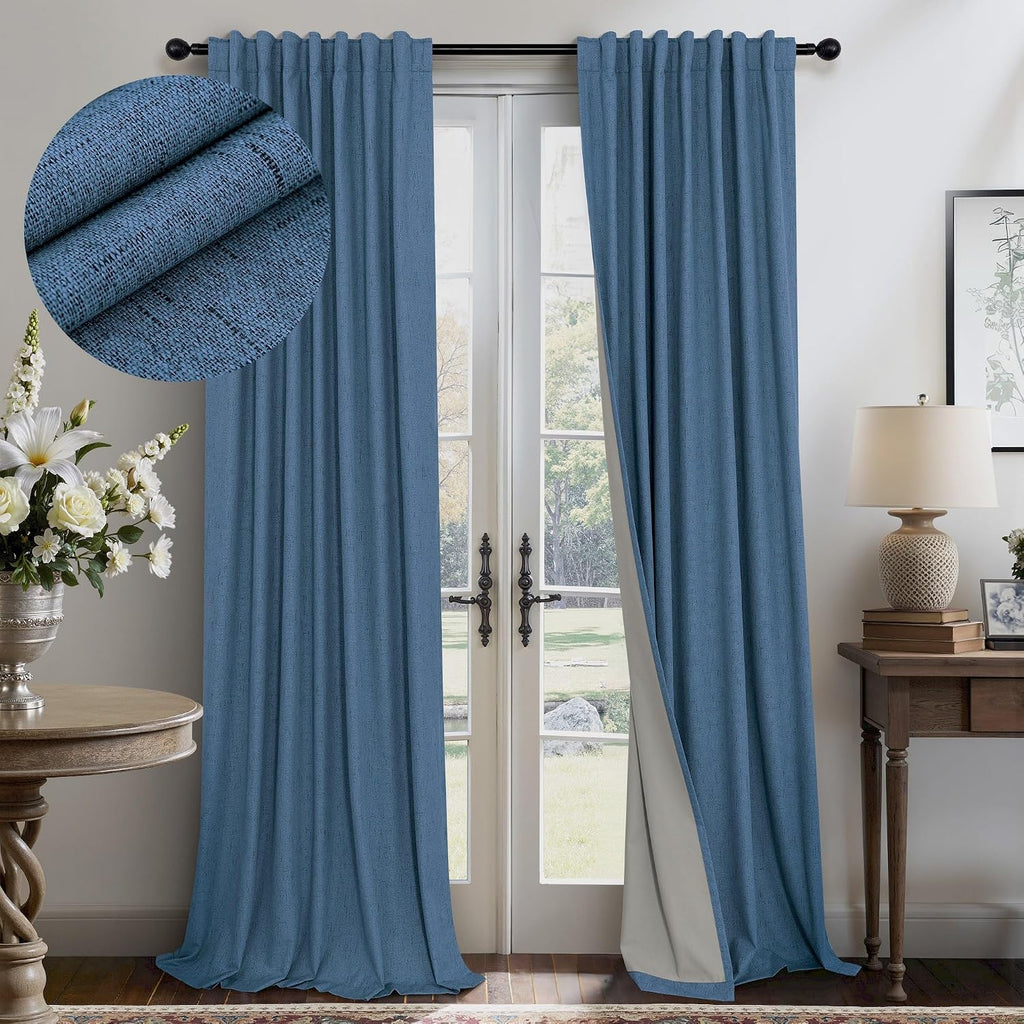 Pitalk Denim Blue Blackout Curtains & Drapes 84 Inch Length 2 Panels Set Faux Linen 100% Black Out Room Darkening Soundproof Country Blue C…