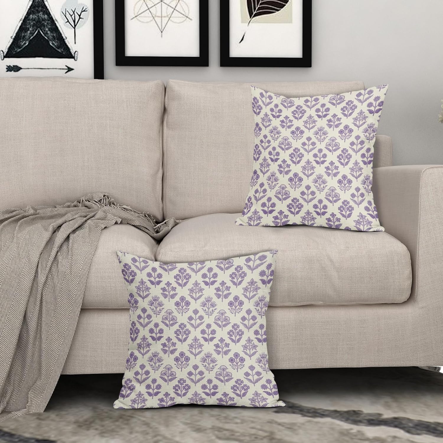 Purple Floral Block Print Pillow Covers 20x20 Inch Set of 2, Vintage Flower Pattern Decorative Throw Pillowcases Outdoor Farmhouse…
