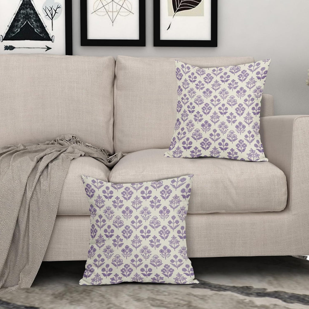 Purple Floral Block Print Pillow Covers 18x18 Inch Set of 2, Vintage Flower Pattern Decorative Throw Pillowcases Outdoor Farmhouse…