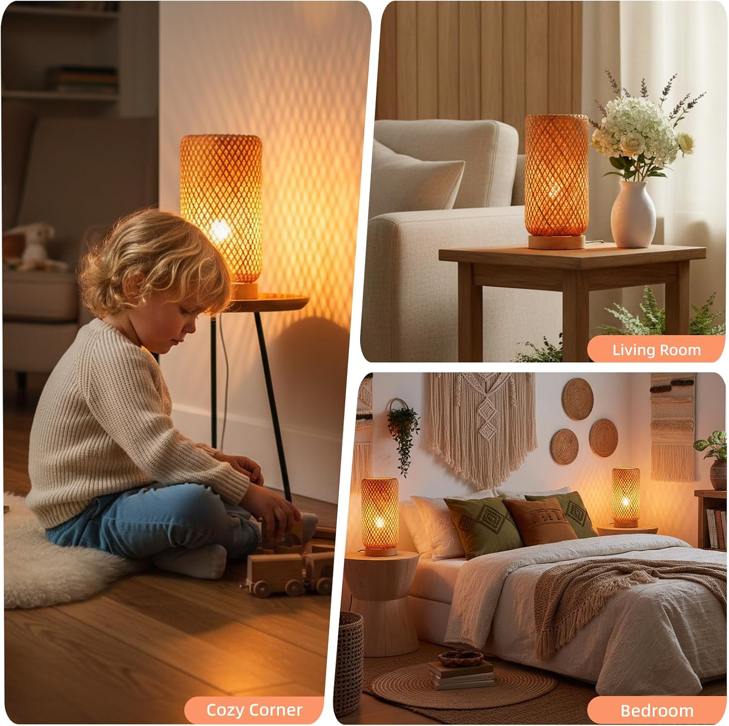 Arturesthome Bamboo Desk Light Woven Boho Beside Lamp Vintage Wicker Wooden Nightstand Lamp for Living Room, Kids Room, Nursery Room Decor