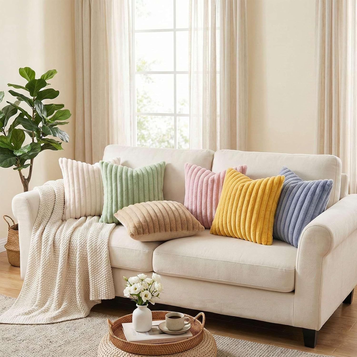 Pallene Faux Fur Plush Throw Pillow Covers 22x22 Set of 2, Luxury Soft Fluffy Striped Decorative Pillow Covers for Sofa, Couch, Living…
