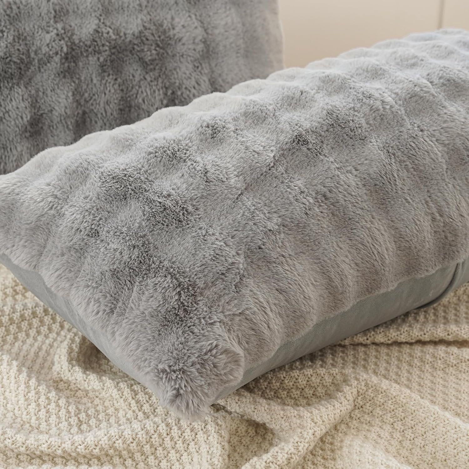 Uhamho Set of 2 Faux Fur Pillowcases, Luxury Bubble Waffle Carved Plush King Size Pillow Shams Soft and Furry, Zipper Closure (Gray, 20"x36…