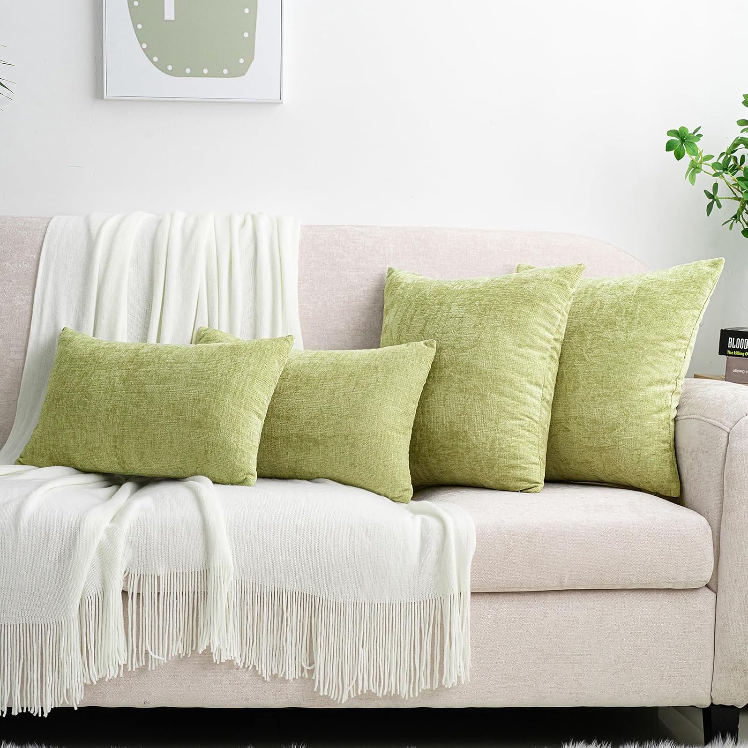 Hwy50 HWY 50 Spring Sage Green Throw Pillow Covers 16x16 Inch Pack of 2, Soft Chenille Decorative Cushion Cases for Couch Sofa Bed Living R…