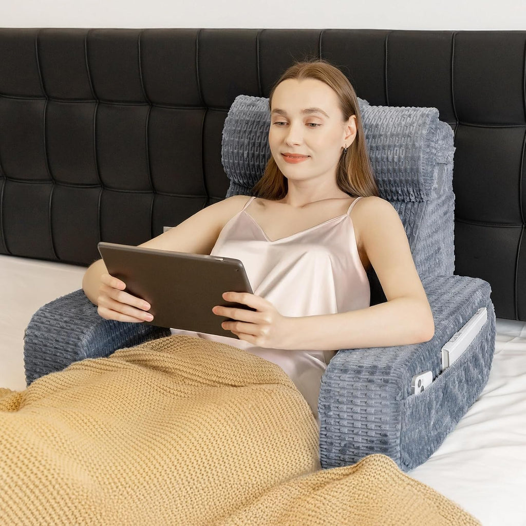 Reading Pillow for Bed, 19" Back Pillow for Bed Sitting up, Big Pockets & Built-in Arms, Backrest Cushion, Wedge Support for…