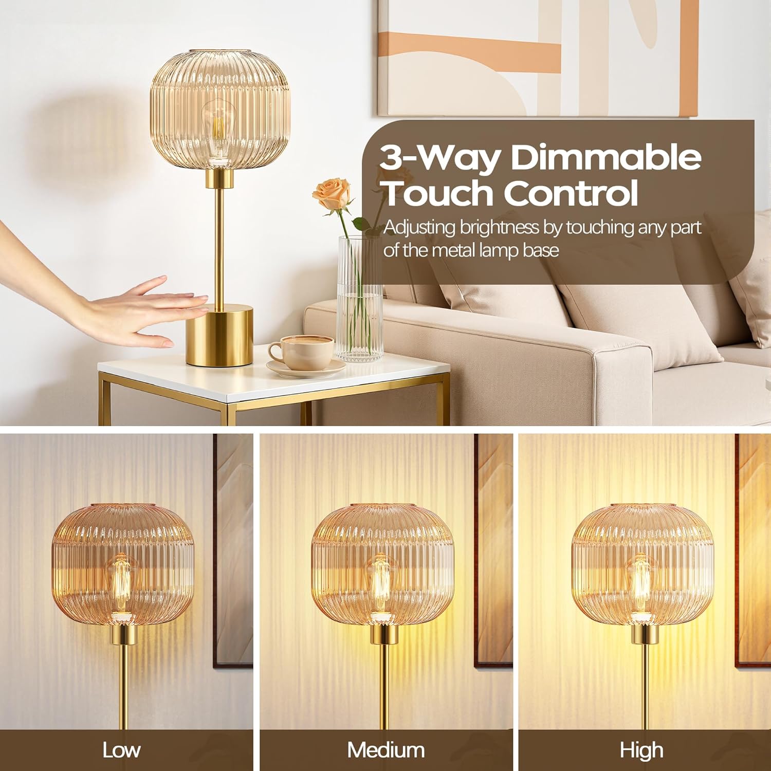 QiMH Glass Table Lamp for Living Room, Modern Bedside Lamp with Champagne Ribbed Glass Shade, 3-Way Dimmable Touch Control Nightstand…