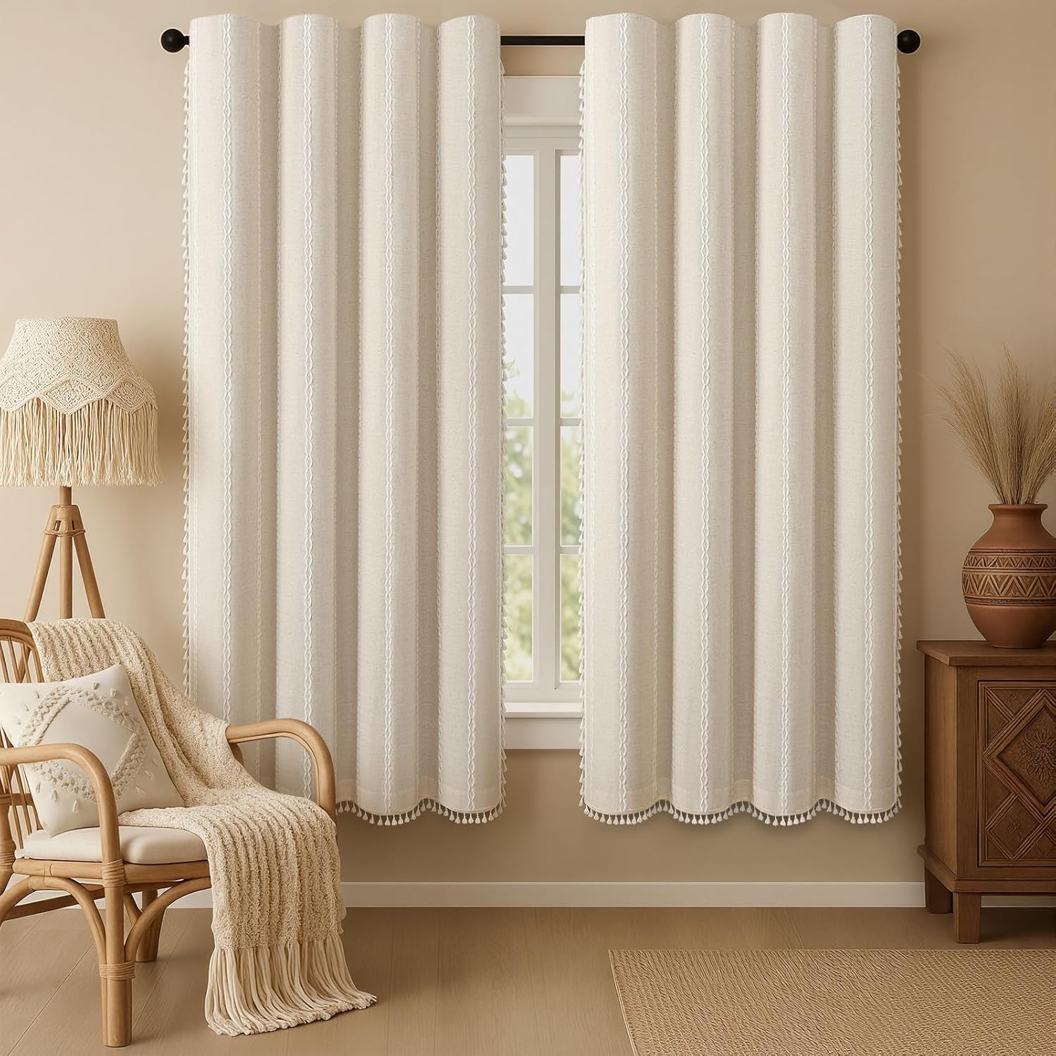 XOGUIBO Boho Blackout Curtains 72 Inches Long Beige Linen Blend 2 Panels with Tassels and Cotton Embroidery, Farmhouse Vintage Rusti…