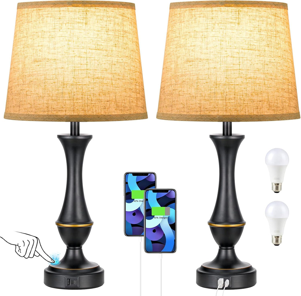 Seealle Upgraded Touch Lamps for Night Stands Set of 2 - Bedside Lamps with USB C+A, 3 Way Dimmable for Bedroom Living Room End Tables…