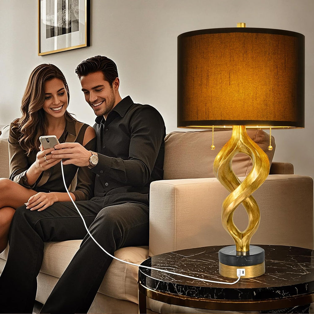Sculptural Table Lamp Set of 2 for Bedroom, 26” Gold Leaf Farmhouse Bedside Lamps for Living Room, Pull Chains Switch Rustic Nightstand…