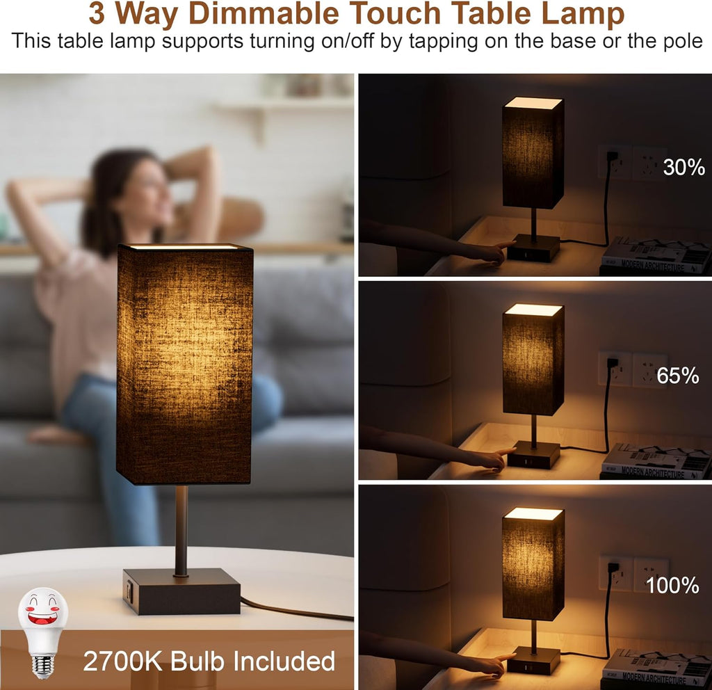 Bedside Table Lamps Set of 2, Touch Bedroom Lamp with USB C+A Charging Ports, 3 Way Dimmable Lamps for Night Stands, Small Table Lamp for…