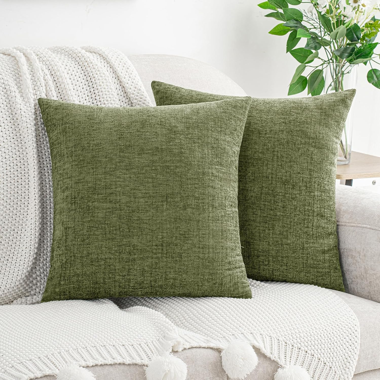 Hwy50 HWY 50 Sage Green Couch Pillow Covers 16x16 Inch Pack of 2, Soft Chenille Decorative Throw Pillow Cases Farmhouse for Spring Sofa Liv…