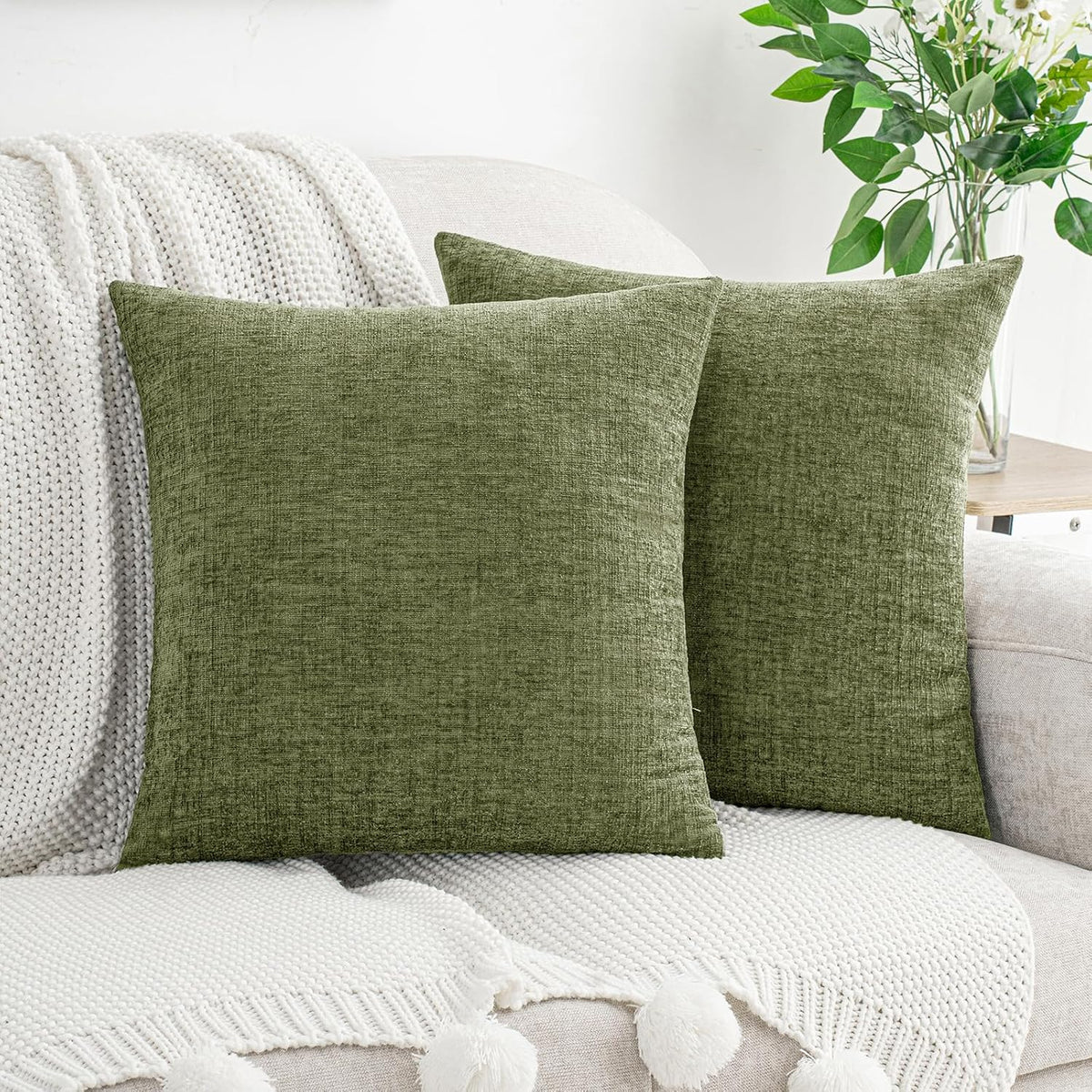 Hwy50 HWY 50 Sage Green Couch Pillow Covers 22x22 Inch Pack of 2, Soft Chenille Decorative Throw Pillow Cases Farmhouse for Spring Sofa Liv…