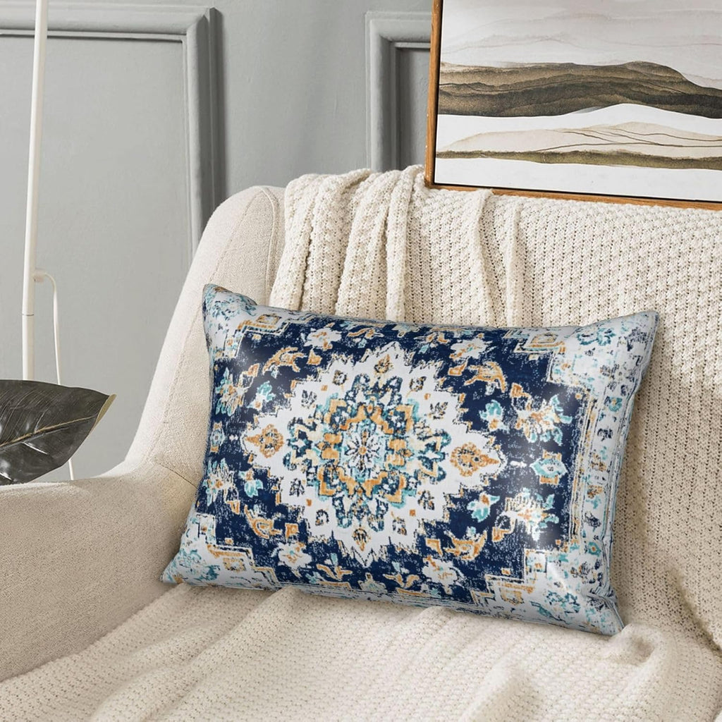 Imitation Silk Pillowcase for Hair and Skin Boho Dark Blue Ethnic Carpet 1 Pack Satin Queen Pillowcase with Hidden Zipper Cooling Pillow…