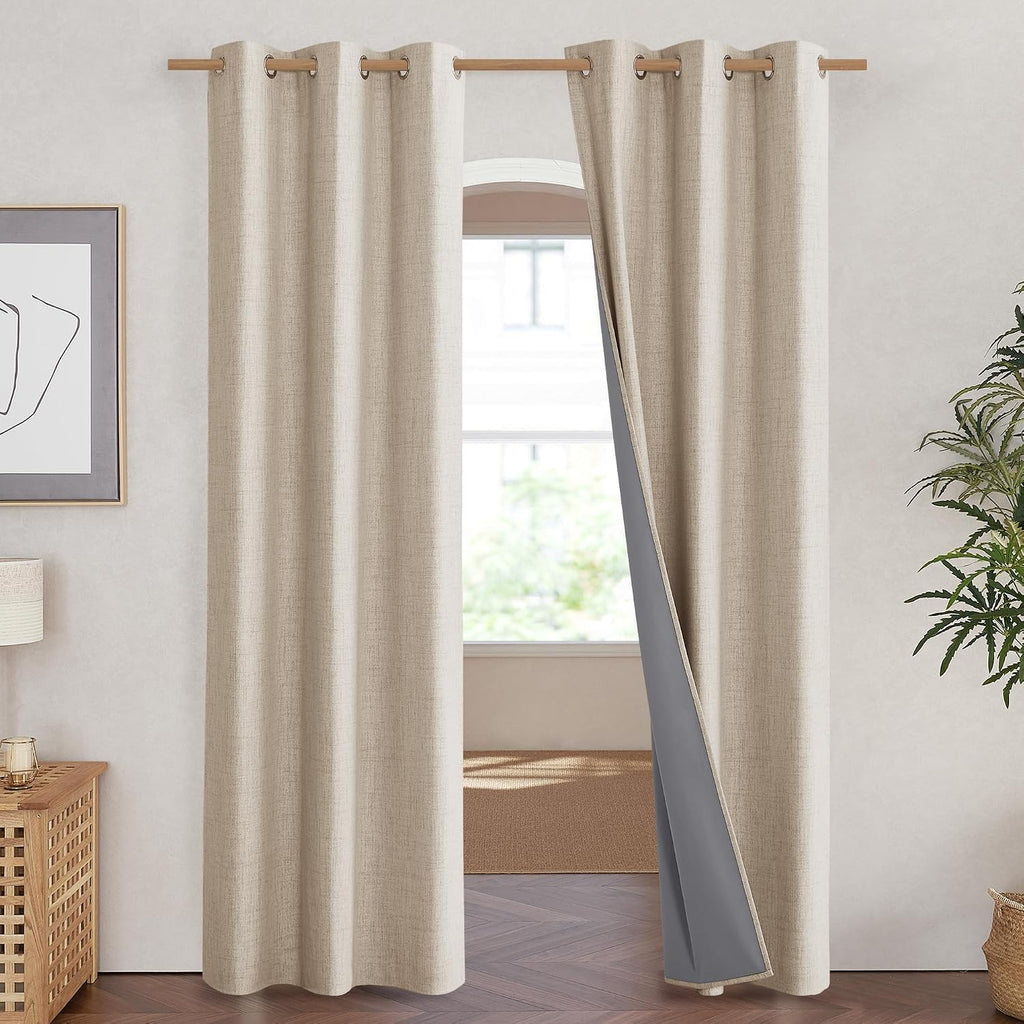 NICETOWN Cream 100% Blackout Linen Curtains 90 inch Long Burg for Living Room, 1 Pair, 42" Width Each Panel, Farmhouse Thick Completely…