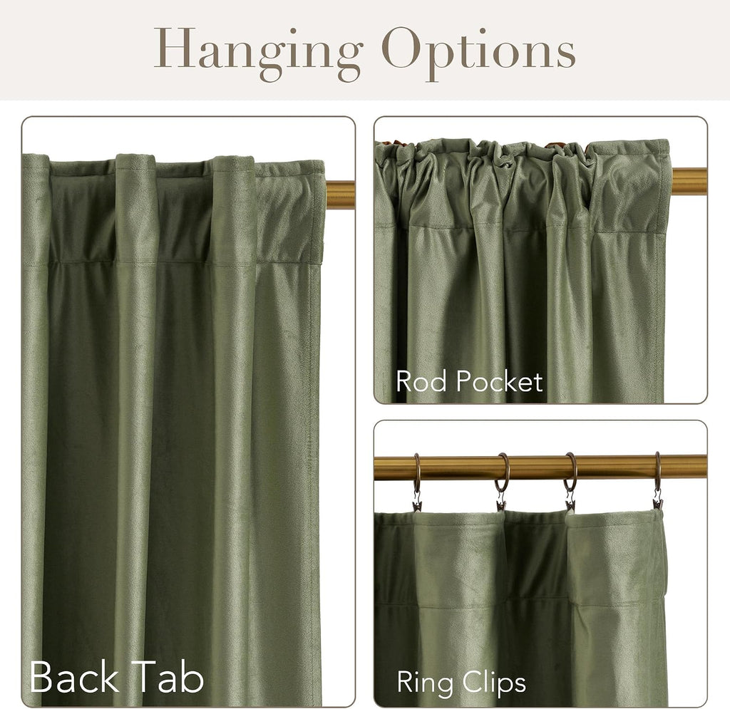 Nicetown Sage Green Velvet Living Room Curtains 90 inches Long, Rod Pocket & Back Tab Room Darkening Window Treatments Thermal Drapes for B…