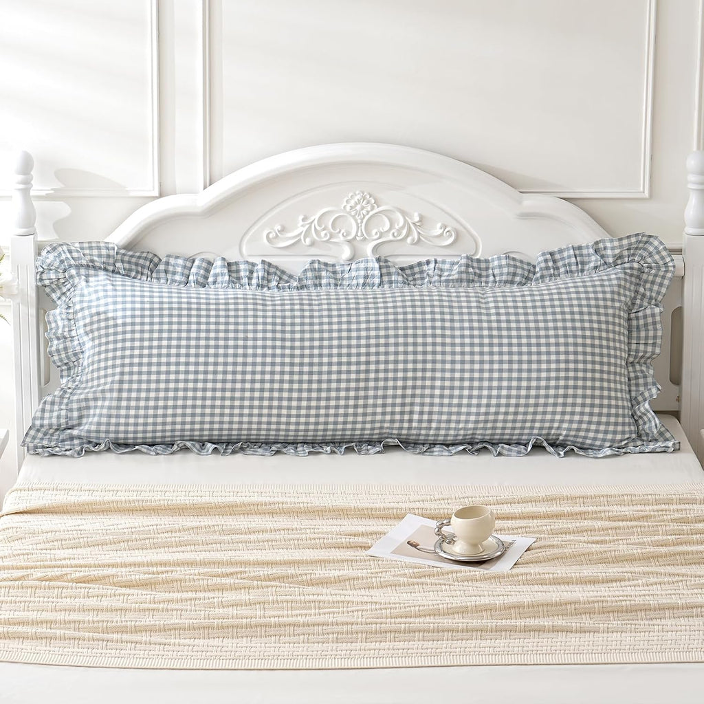 Qilunn Blue White Plaid Ruffled Body Pillow Sham Washed Cotton Shabby Checkered Gingham Pillow Cover 20"x54" Cotton Blue