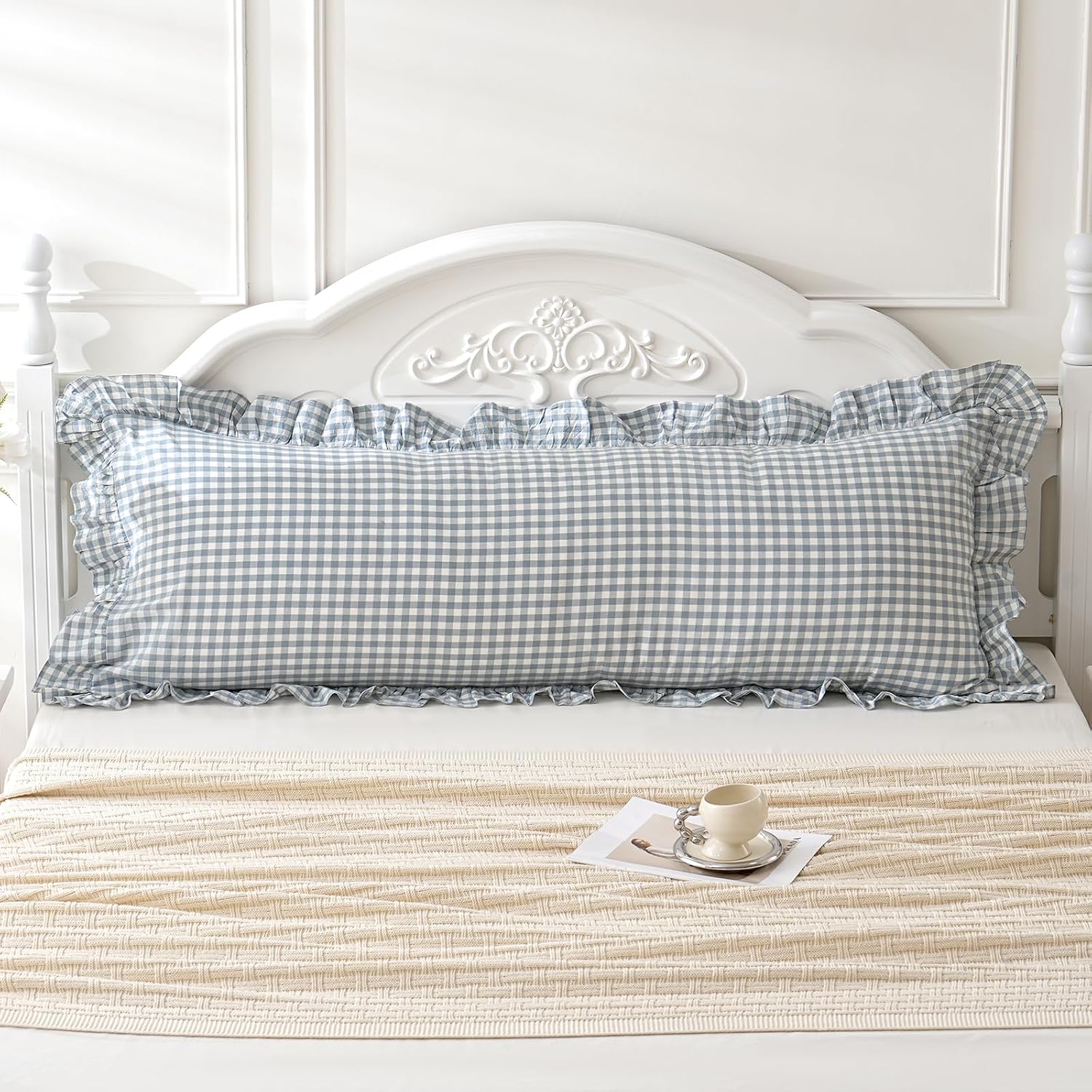 Qilunn Blue White Plaid Ruffled Body Pillow Sham Washed Cotton Shabby Checkered Gingham Pillow Cover 20"x54" Cotton Blue