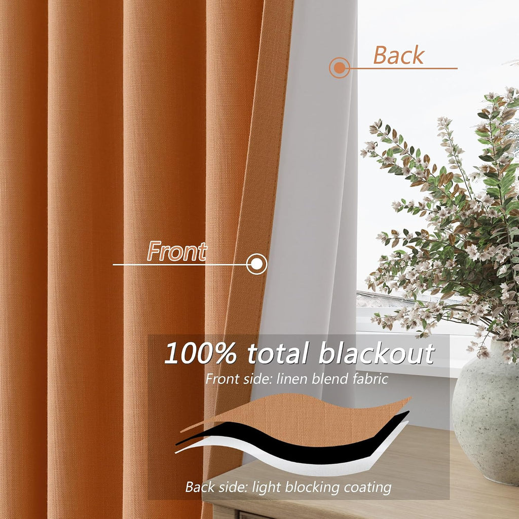 Guken Orange 100% Blackout Linen Curtains 102 Inch Length 2 Panels Set for Living Room Bedroom Back Tab Thermal Insulated 100% Black Out Dr…