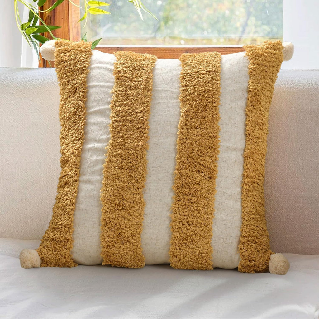 Loopuinhom Boho Pillow Covers 18X18 Inch Boho Tufted Linen Throw Pillow Covers Decorative Pompoms Cushion Cover Farmhouse Pillow Case for C…