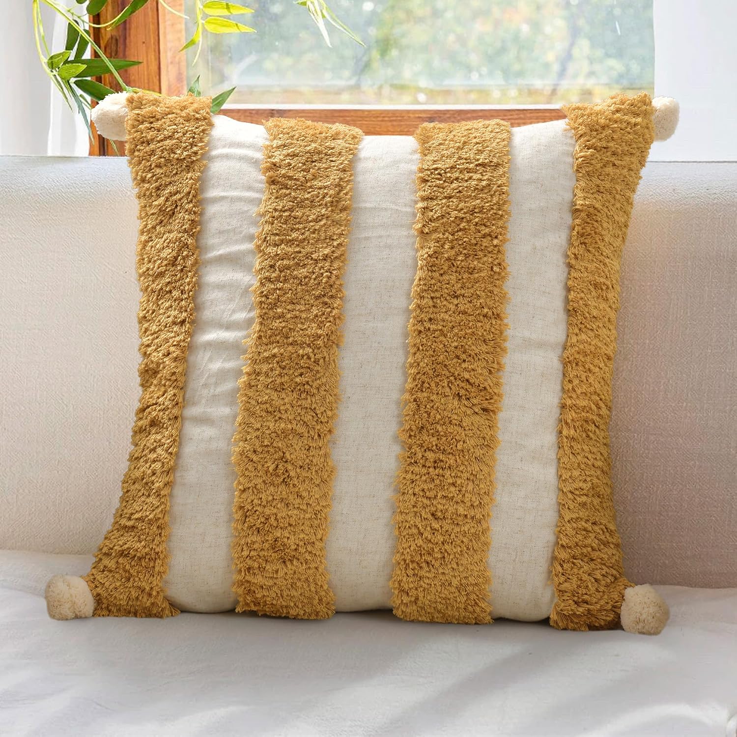 Loopuinhom Boho Pillow Covers 18X18 Inch Boho Tufted Linen Throw Pillow Covers Decorative Pompoms Cushion Cover Farmhouse Pillow Case for C…