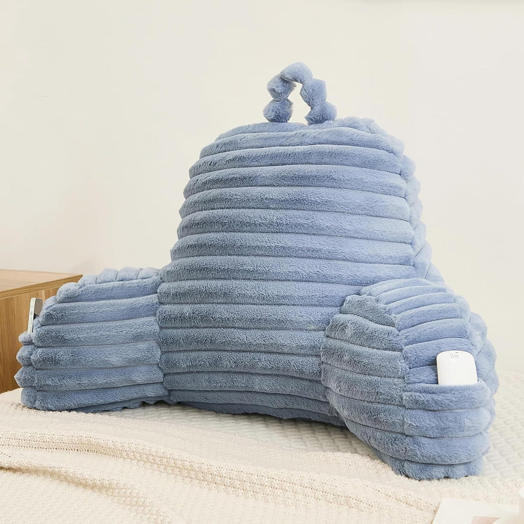 Memfydu Faux Fur Fluffy Dusty Blue Reading Pillow with Pockets, Luxury Striped Plush Decorative, Arm Rests and Back Support for Bed Rest, L…