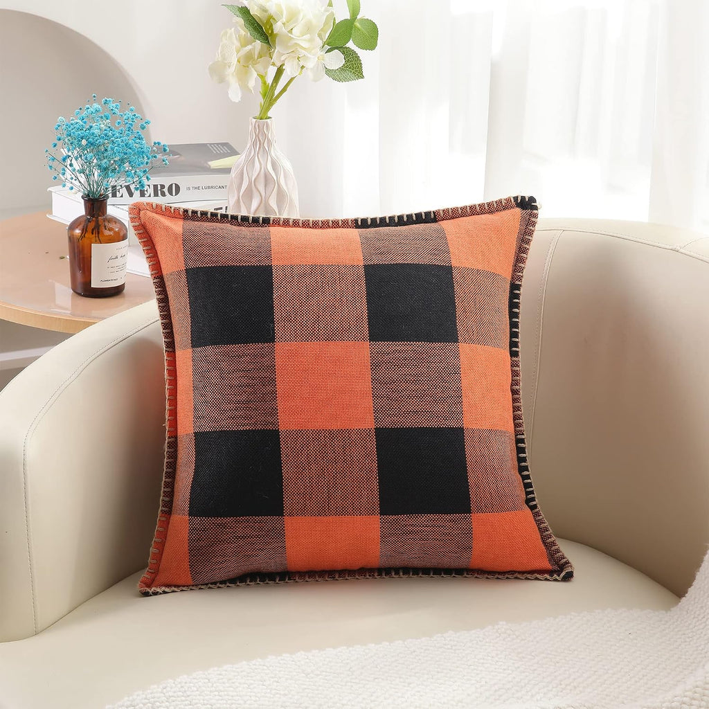 decorUhome Summer Buffalo Plaid Check Throw Pillow Covers 16x16 Set of 2 Outdoor Linen Decorative Farmhouse Gingham Pillow Covers with Stit…