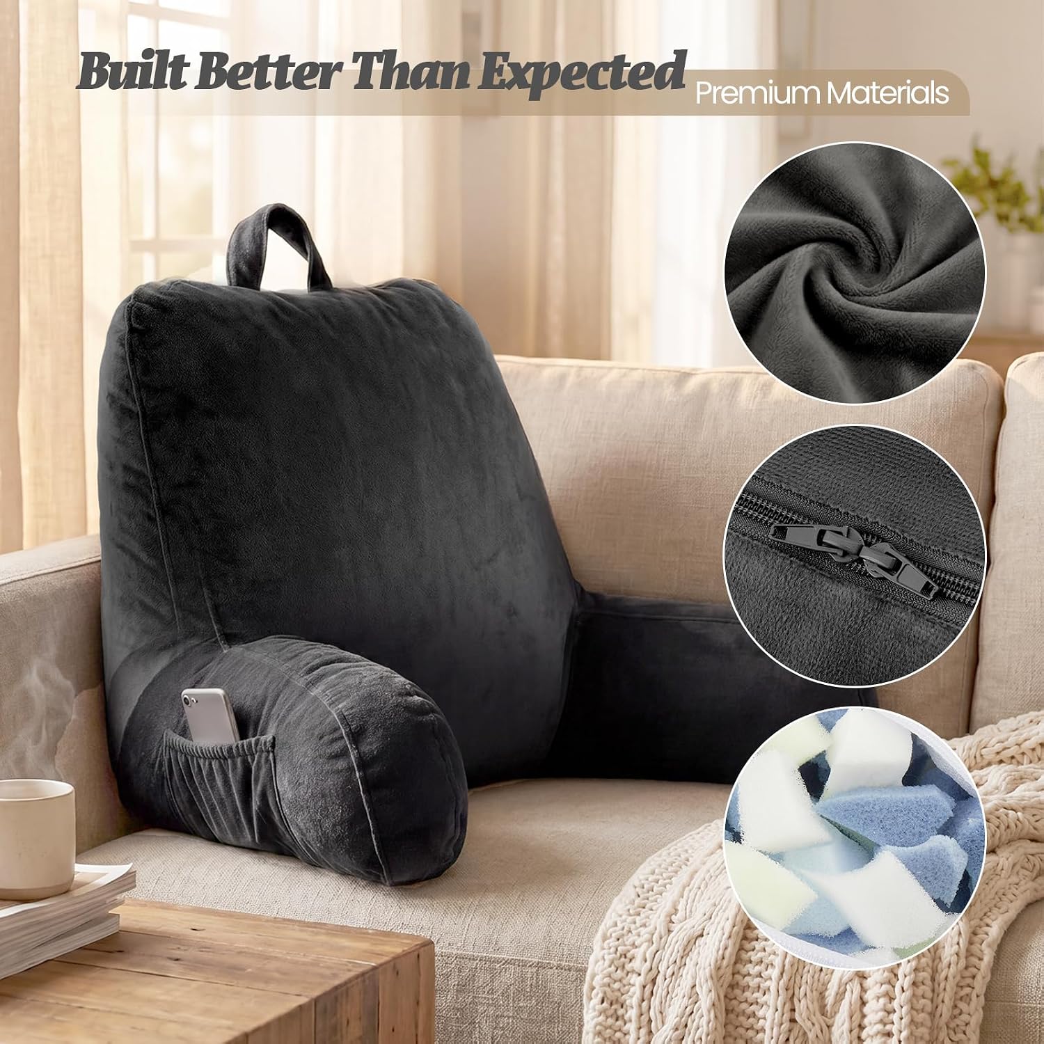 ACH Reading Pillow with Arms for Adults - Adjustable Memory Foam Bed Rest Pillow, Lumbar & Neck Back Support, Soft Velvet Cover Machine…