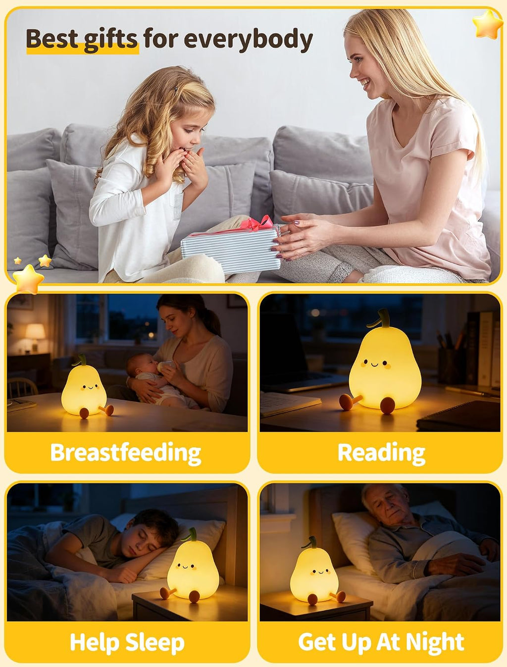Pear Night Light for Kids, Nursery Night Lights, Bedside Touch Lamp, Cute Silicone Nightlight for Baby Toddler, 3 Level Dimmable Soft…
