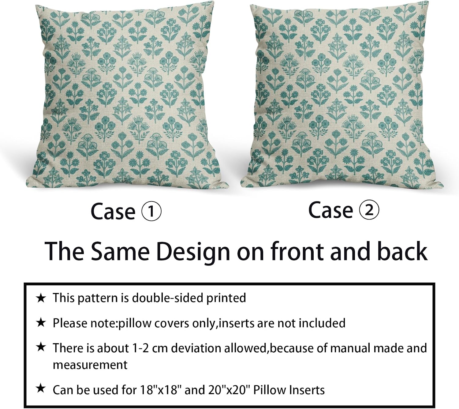 Teal Floral Pillow Covers 18x18 Inch Set of 2, Vintage Flower Block Print Pattern Decorative Throw Pillowcases Outdoor Farmhouse Cushion…