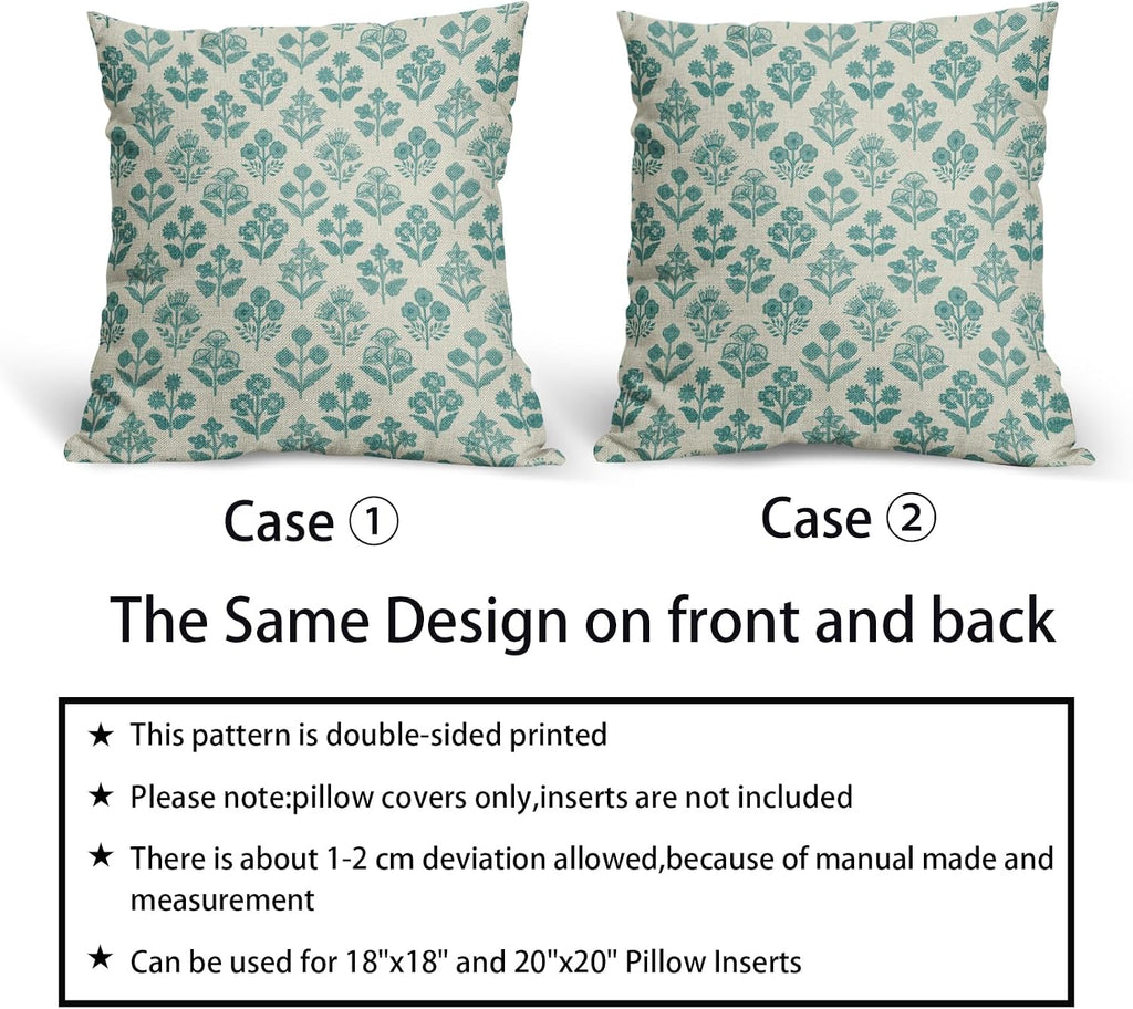 Teal Floral Pillow Covers 16x16 Inch Set of 2, Vintage Flower Block Print Pattern Decorative Throw Pillowcases Outdoor Farmhouse Cushion…