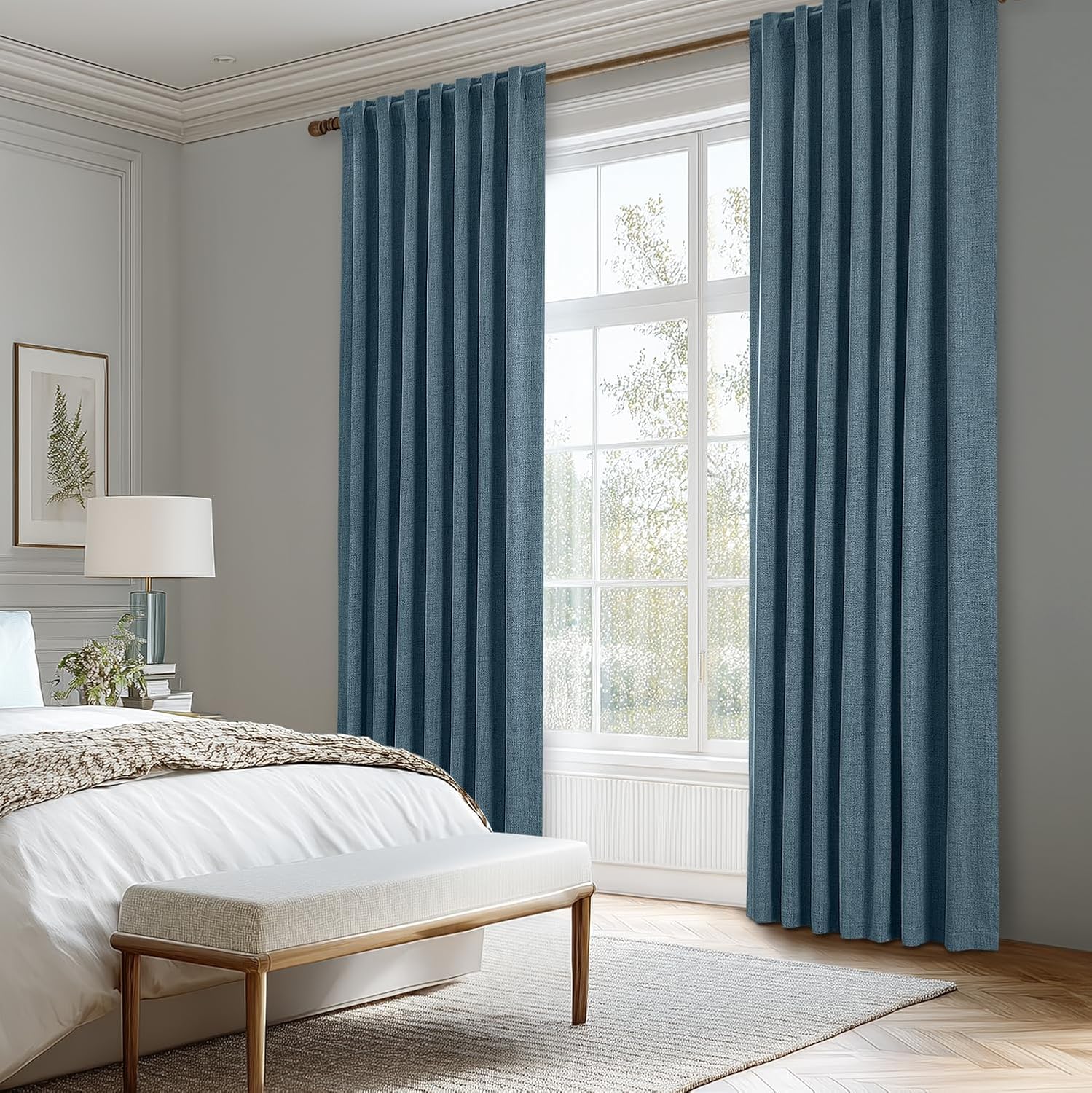 Miulee 100% Blackout Linen Curtains for Bedroom, Stone Blue Solid Luxury Decor Thermal Insulation Room Darkening Drapes for Living Room Nur…