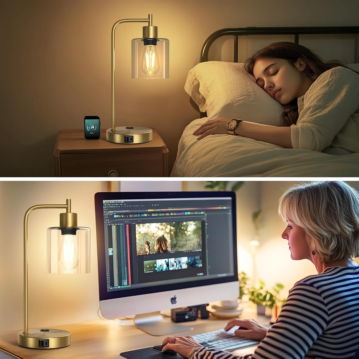 QiMH Set of 2 Industrial Touch Control Table Lamps with 2 USB Ports and 2 AC Outlets, 3-Way Dimmable Bedside Nightstand Reading Lamps…