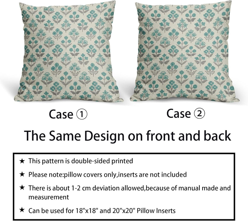 Teal Grey Gray Floral Block Print Pillow Covers 18x18 Inch Set of 2, Vintage Flower Pattern Decorative Throw Pillowcases Outdoor…