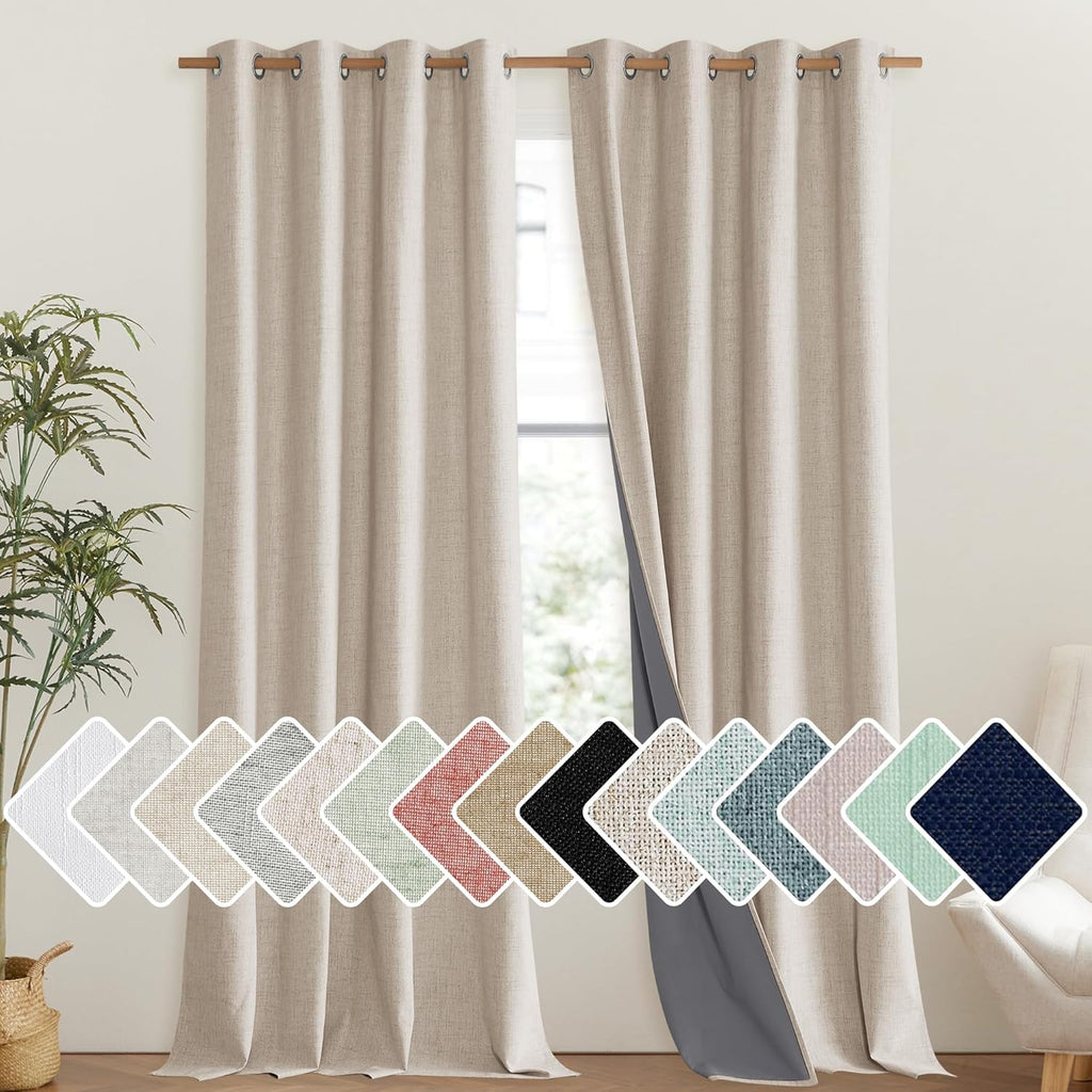 NICETOWN Cream 100% Blackout Linen Curtains 102 inch Long Burg for Living Room, 1 Pair, 52" Width Each Panel, Farmhouse Thick Completely…