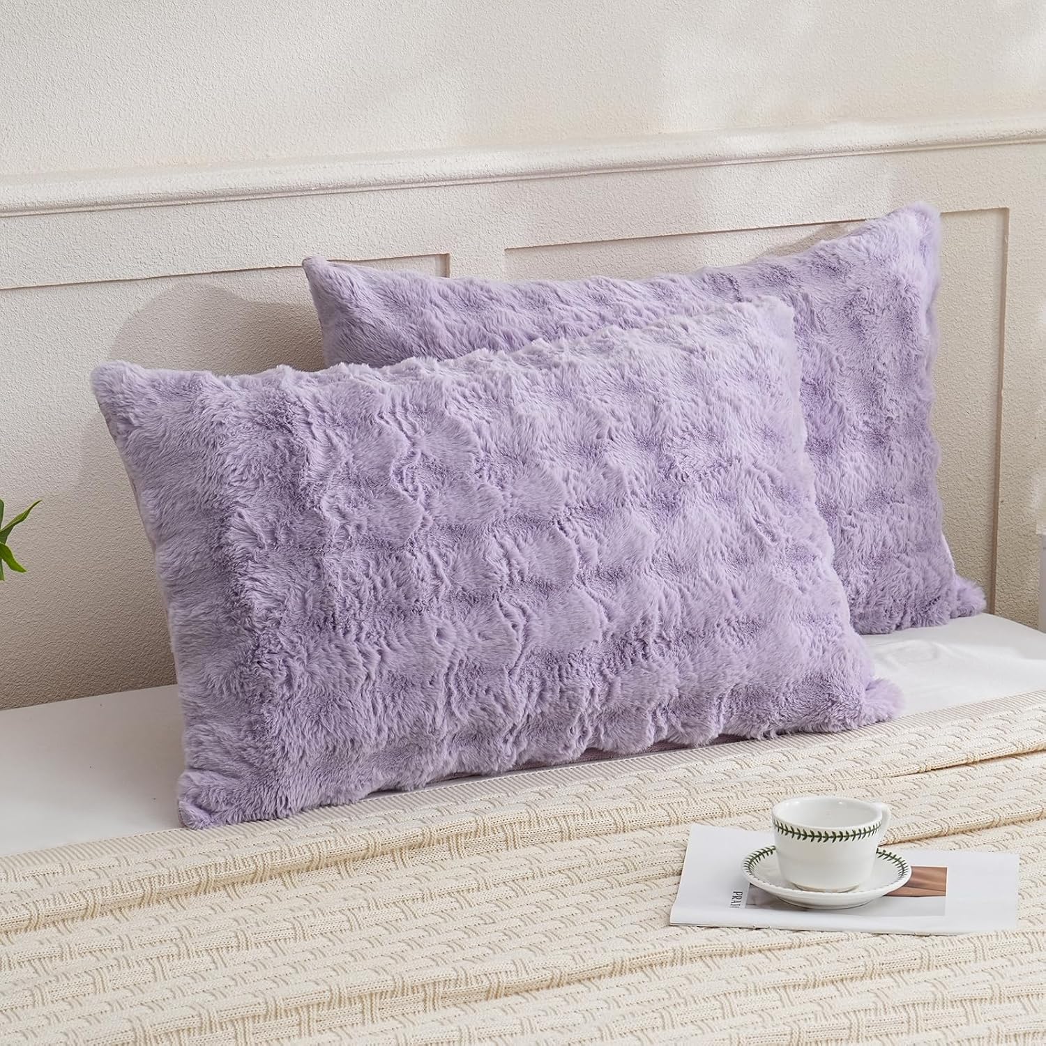 Chumerry Fuzzy Faux Fur Pillow Case Plush Shaggy Pillow Cover Plaid Check Texture Extra Soft Fluffy Faux Rabbit Fur Fabric Purple Decorativ…