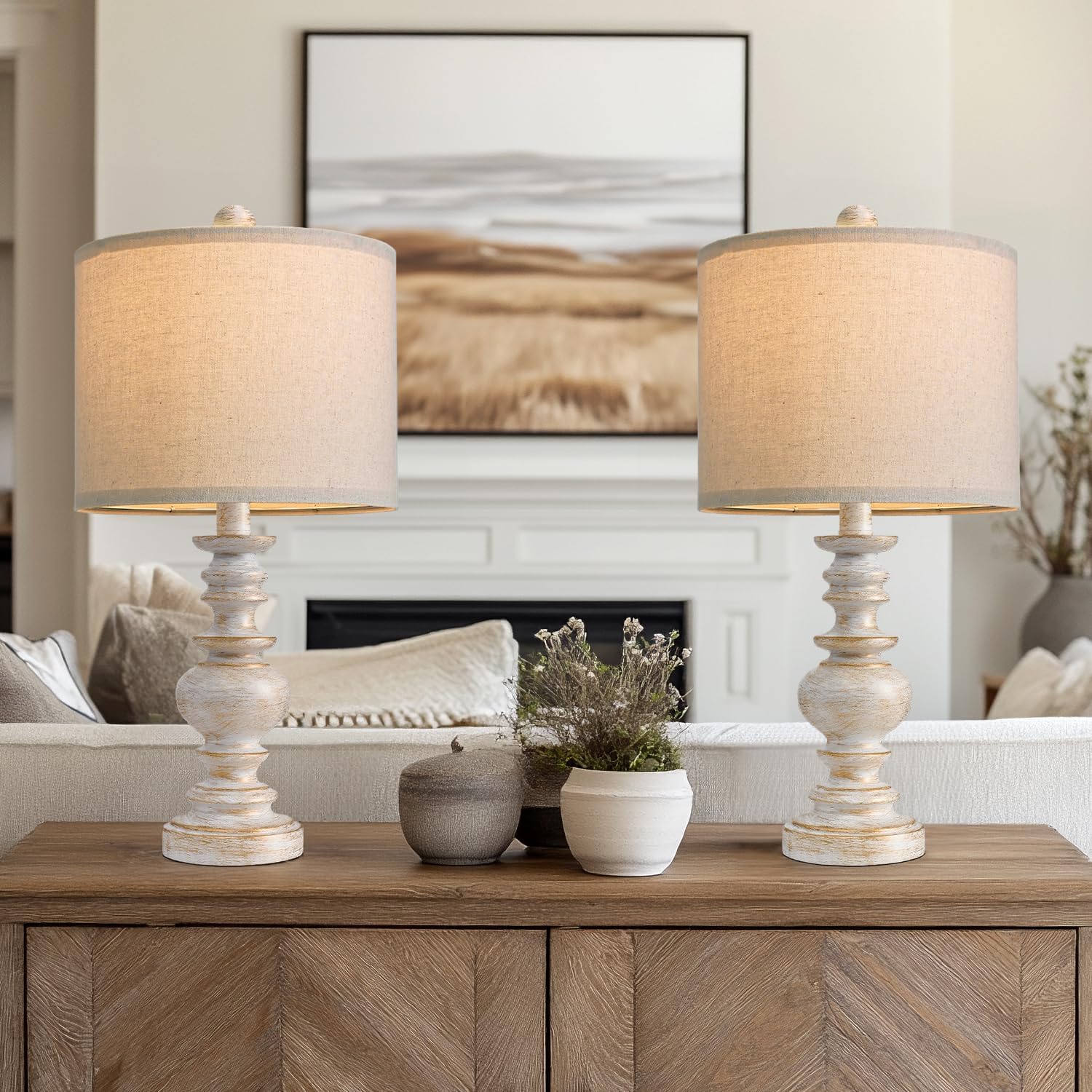 BOBOMOMO 20" Retro Table Lamps Set of 2 - Farmhouse Lamp for Living Room with Linen Shades, Rustic Bedside Nightstand Lamps, Resin Lamps…