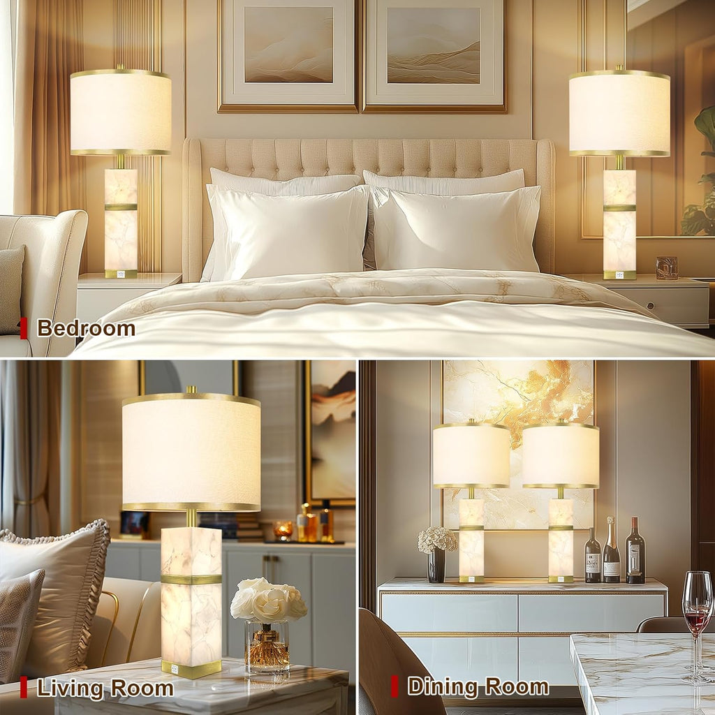 Natural Alabaster Table Lamps Set of 2 - Table Lamp with Night Light for Bedroom, Nightstand Lamps with USB Ports, Bedside Lamps with Linen…