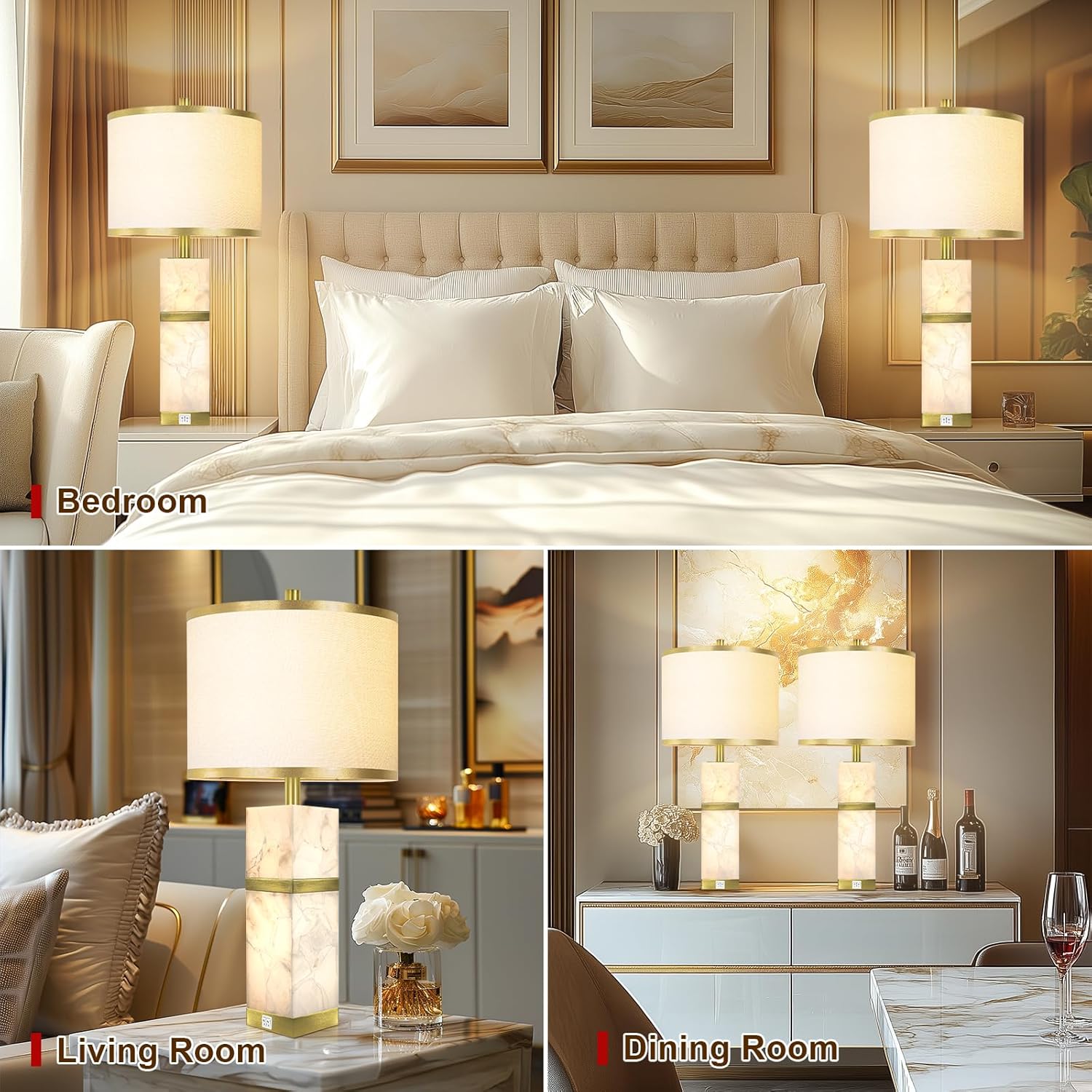 Natural Alabaster Table Lamps Set of 2 - Table Lamp with Night Light for Bedroom, Nightstand Lamps with USB Ports, Bedside Lamps with Linen…