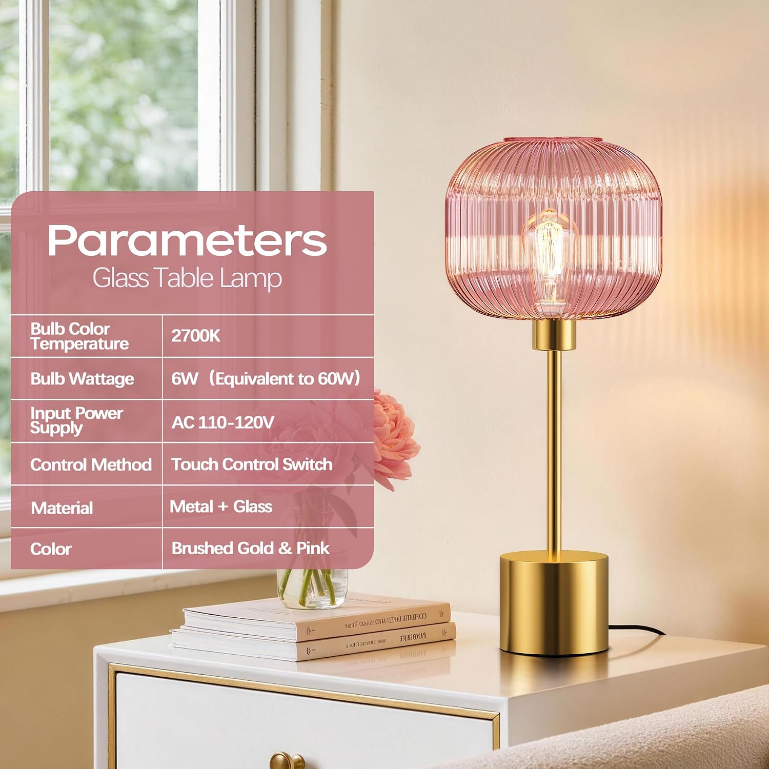 QiMH Glass Table Lamp for Living Room, Modern Bedside Lamp with Pink Ribbed Glass Shade, 3-Way Dimmable Touch Control Nightstand Lamp for…