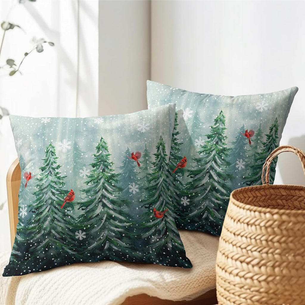 Watercolor Tree Throw Pillow Cover 22x22 inch Set of 2 Christmas Dark Green Trees Pillowcases Winter Red Bird Snowflake Decorative…