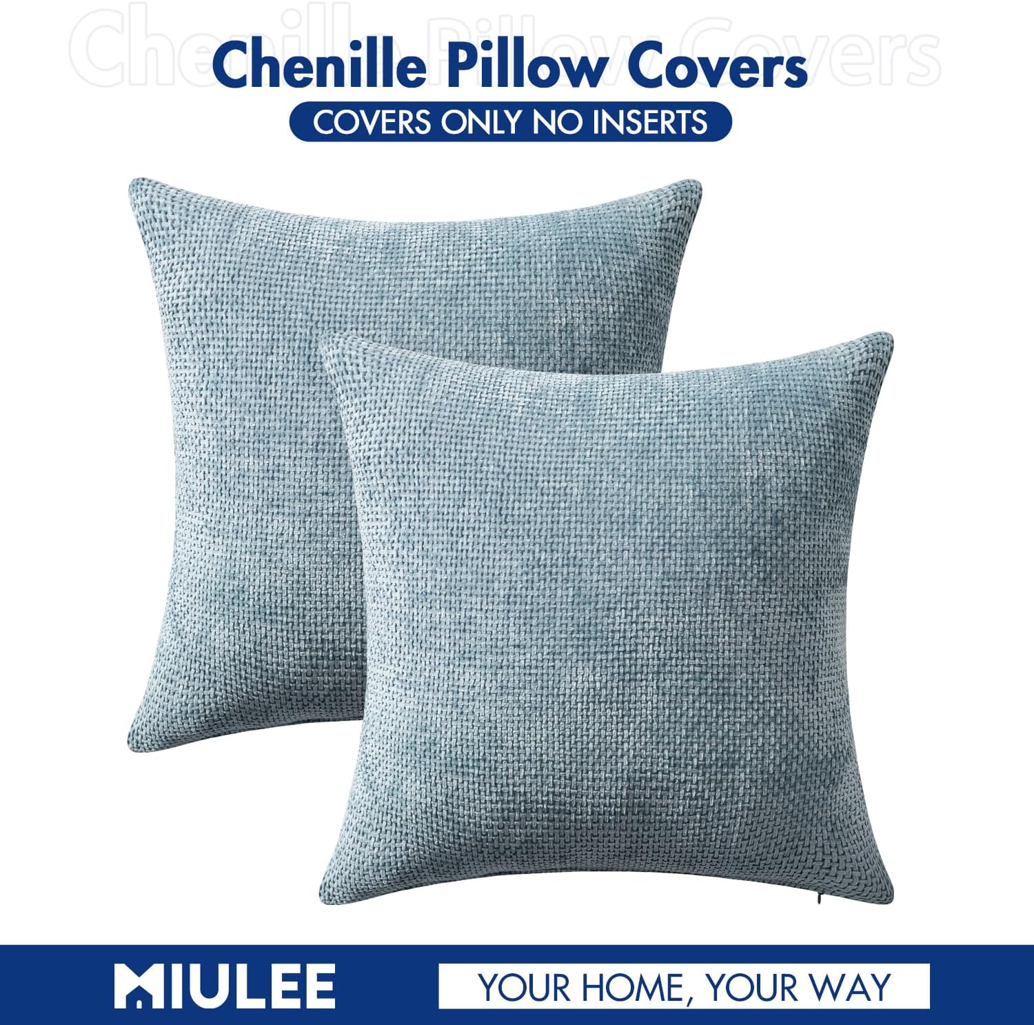 Miulee Pack of 2 Coastal Blue Euro Sham Pillow Covers 24x24 Inch Summer Modern Boho Accent Decorative Throw Pillow Covers Chenille Farmhous…