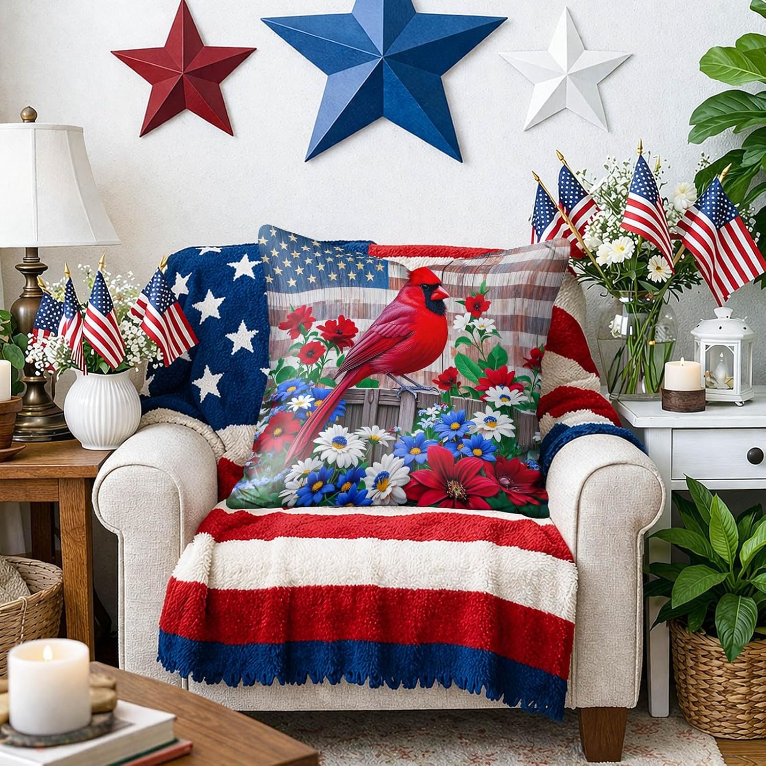 BlissYard Patriotic Cardinal Pillow Covers 18x18 Set of 2 American Flag Throw Pillow Covers 4th of July Decorative Pillow Covers Satin…