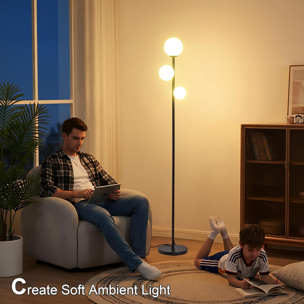 Fiqevs 3 Globe Mid Century Modern Floor Lamp, 3 x 800LM LED Bulbs Included, Matt Black Standing Lamp with Sphere Frosted Glass Shade…