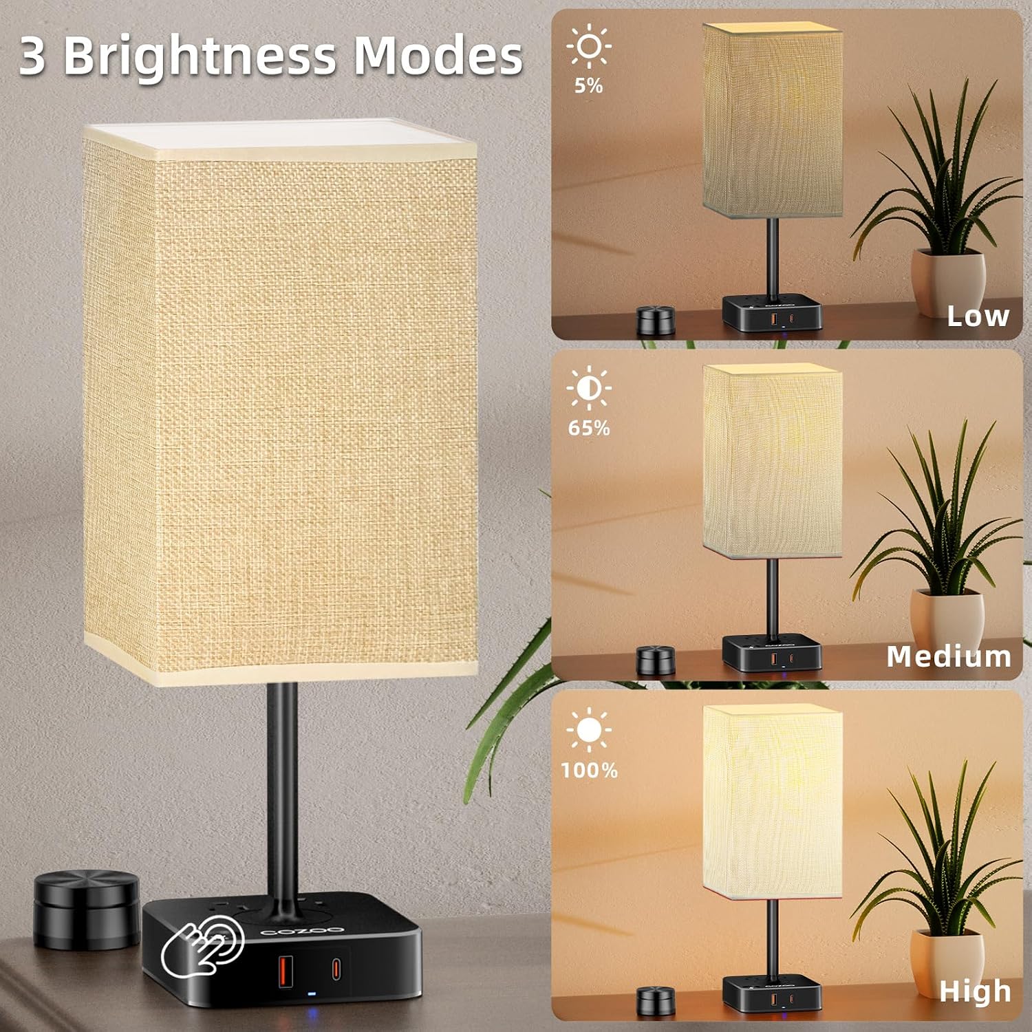 Bedside Lamp with Remote Control & Dimmable Light, 2 AC Outlets + USB-C/USB-A Charging Ports, Beige Shade Nightstand Table Desk Lamp for…