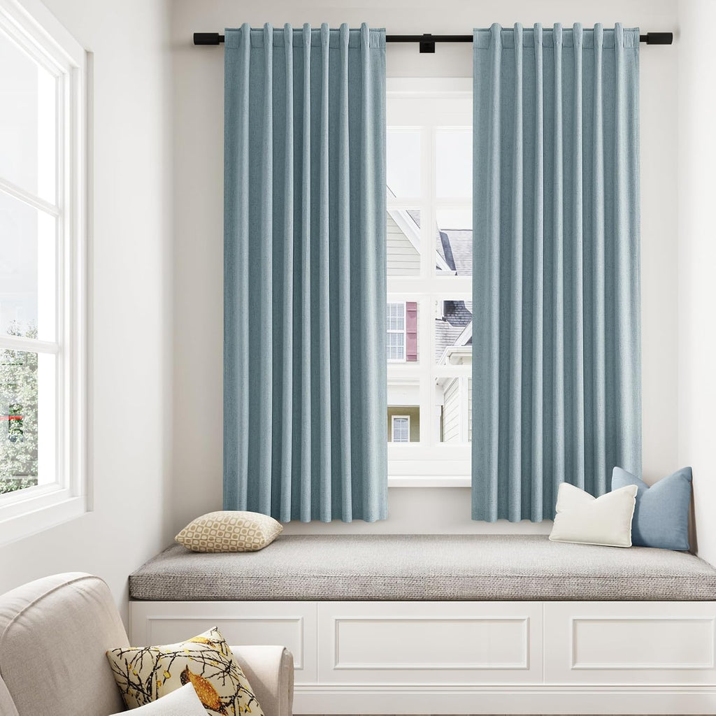 Guken Blue 100% Blackout Linen Curtains 63 Inch Length 2 Panels Set for Living Room Bedroom Back Tab Rod Pocket Thermal Insulated Black Out…