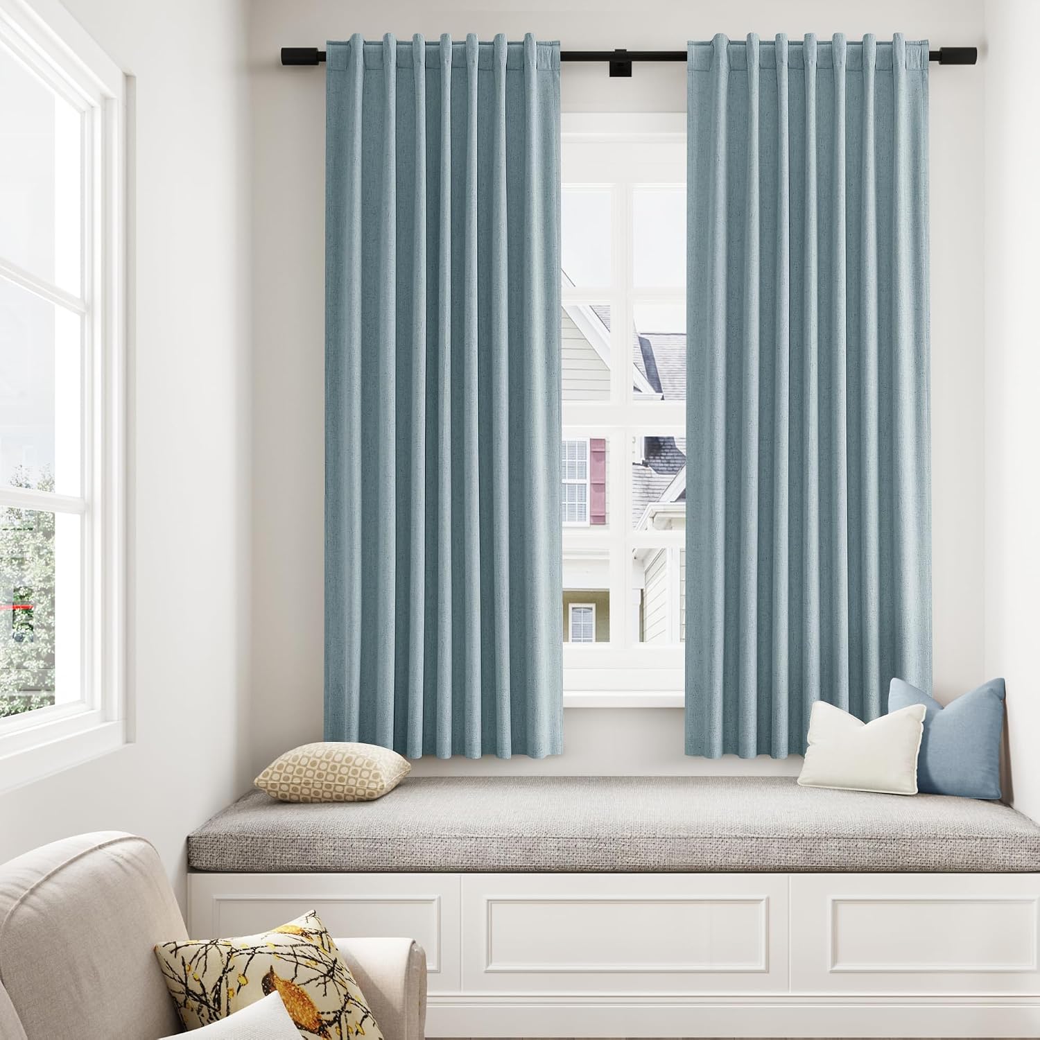 Guken Blue 100% Blackout Linen Curtains 63 Inch Length 2 Panels Set for Living Room Bedroom Back Tab Rod Pocket Thermal Insulated Black Out…