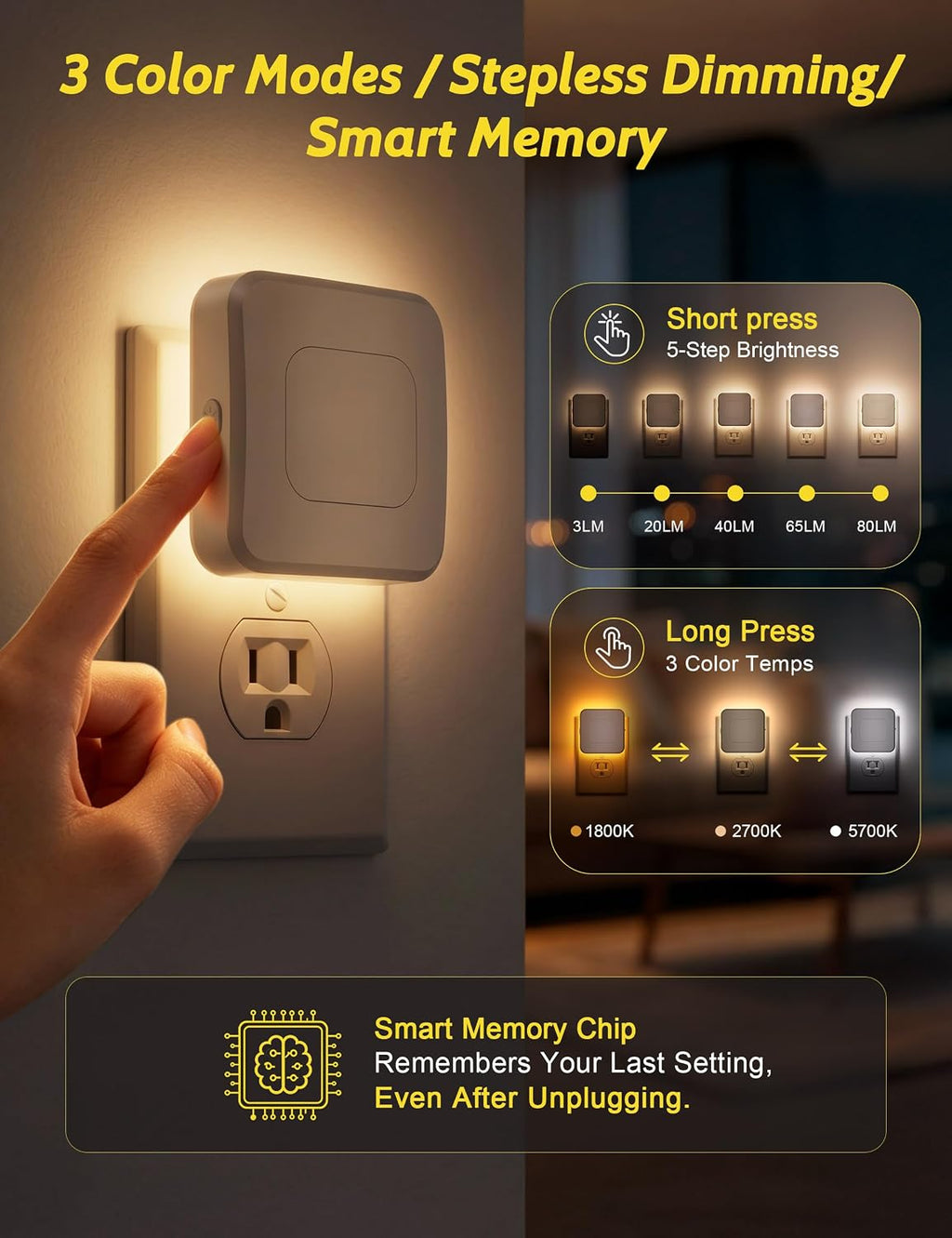Sujeet Plug-in LED Night Light with Motion Sensor & Dusk to Dawn, 3 Color Temperatures (1800K/2700K/5700K), 5 Preset Brightness Levels…